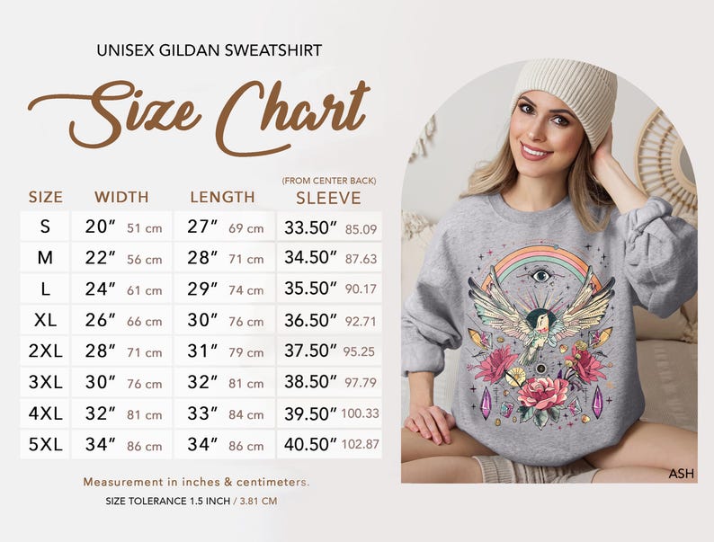 May include: Size chart for a unisex Gildan sweatshirt with measurements in inches and centimeters. The chart shows the width, length, and sleeve length for sizes S through 5XL. The chart also includes a note about size tolerance.