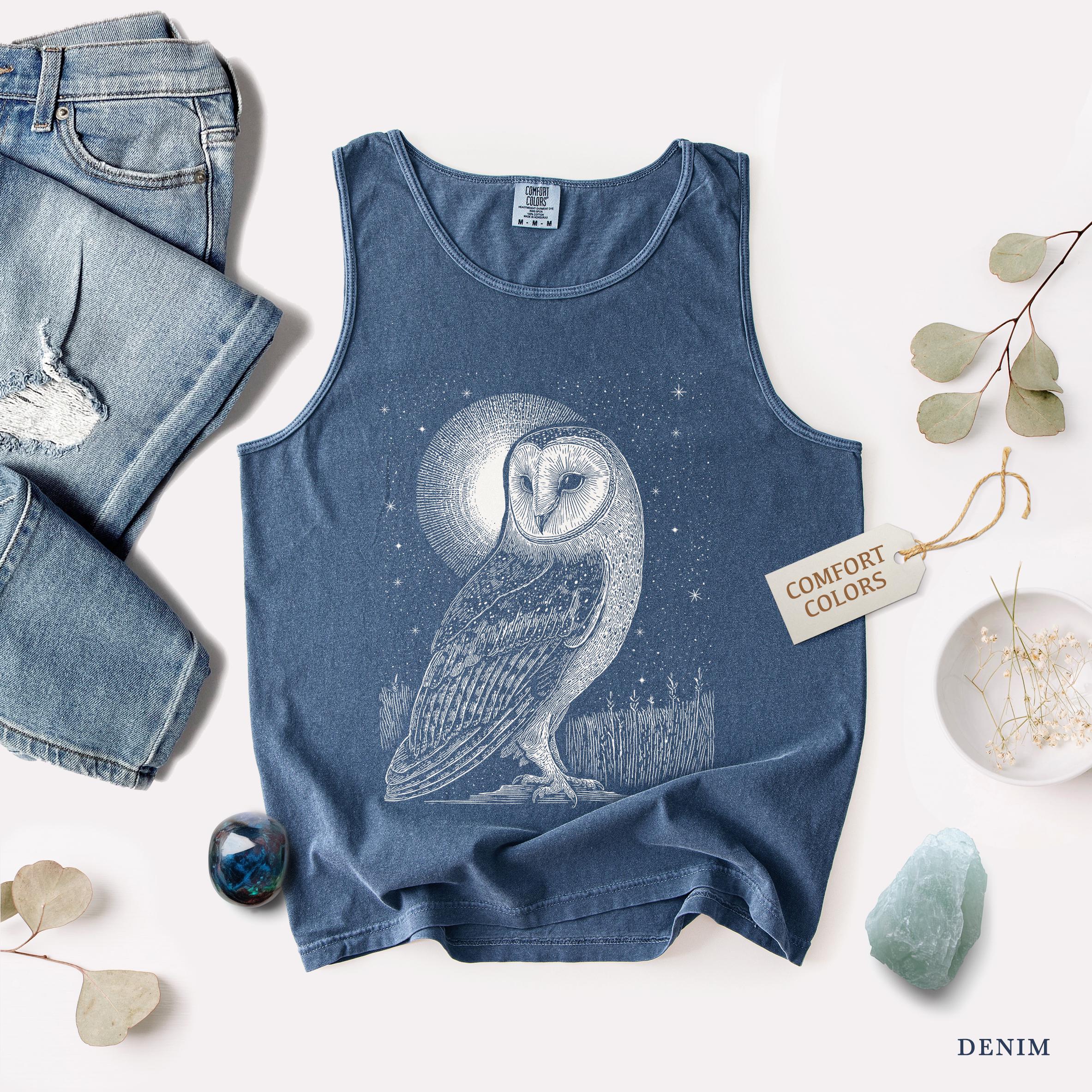Owl Moon Tank Top Comfort Colors, Mystical Bird Tops, Celestial Cottagecore Barn Owl Graphic Shirt, 