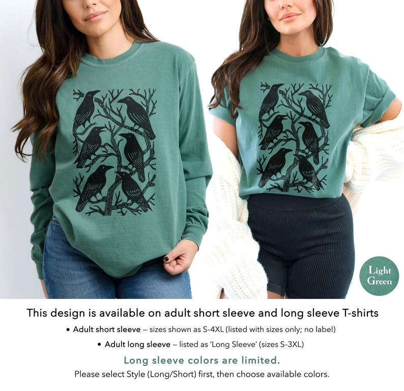 May include: Light green long-sleeve and short-sleeve t-shirts. Each shirt features a black graphic of crows perched on tree branches. The design is available in adult sizes S-4XL for short sleeves and S-3XL for long sleeves.