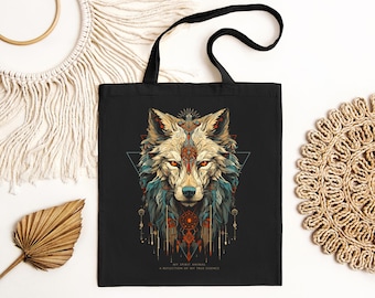 Sac fourre-tout loup, sac à bandoulière chamanique en toile noire