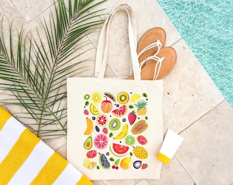 Fourre-tout à fruits, Sac fourre-tout en toile de coton Fruits tropicaux, Sac à bandoulière d'été de plage, Sac de courses pliable réutilisable, Cadeau pour les amateurs de fruits