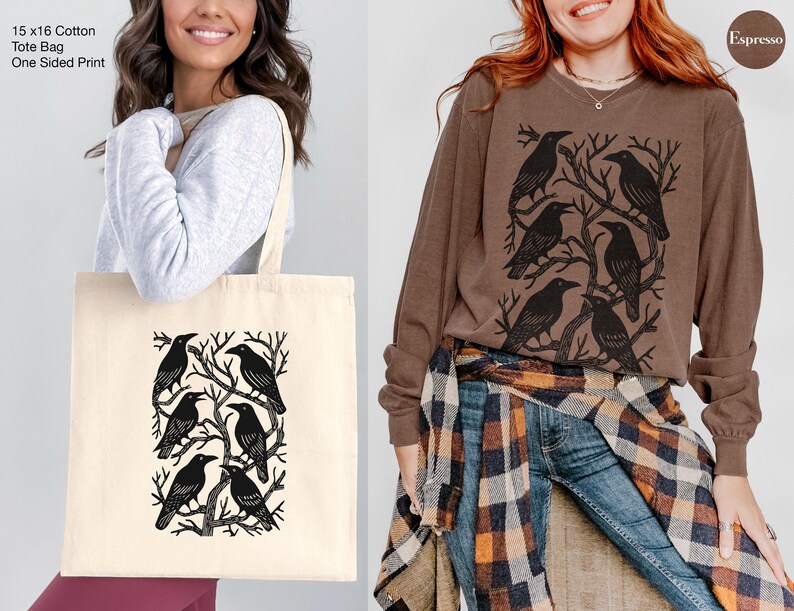 May include: A cream-colored tote bag with a black raven design and the text "15 x 16 Cotton Tote Bag One Sided Print". A brown long-sleeve shirt with a raven graphic is also shown. The shirt is labeled "Espresso".