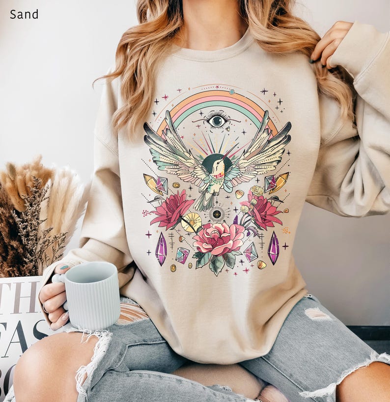 Mystical Sweatshirt Witchy Spiritual Sweater Boho Floral Hummingbird Shirt Evil Eye Rainbow Rose Flowers Crystal Whimsical Hippie Pullover Sand