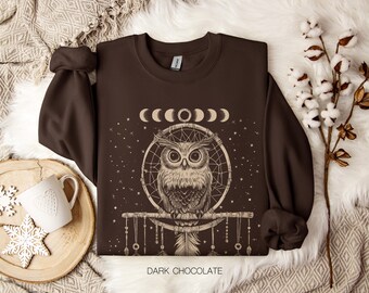 Owl Sweatshirt, Luna Owl Dream Catcher Sweater, Boho Witchy Celestial Jumper, Shamanic Mystical Whimsical Fleece Pullover, Bird Lovers Gift