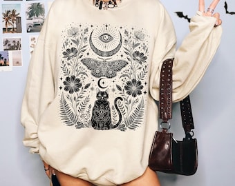 Boho Floral Witchy Sweatshirt Hoodie, Mystical Black Cat Moon Moth Eye, Celestial Botanical Gothic Sweater, Vintage Witchcore Halloween Gift