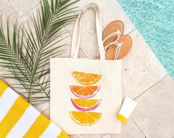 Orange Slices Tote Bag, Vintage Citrus Fruits Foldable Reusable Grocery Shopping Bag, Retro Fruit Cotton Tote, Cute Zesty Summer Canvas Tote
