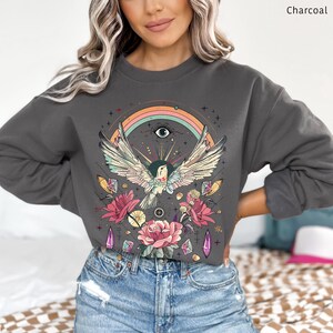 Mystical Sweatshirt Witchy Spiritual Sweater Boho Floral Hummingbird Shirt Evil Eye Rainbow Rose Flowers Crystal Whimsical Hippie Pullover Charcoal