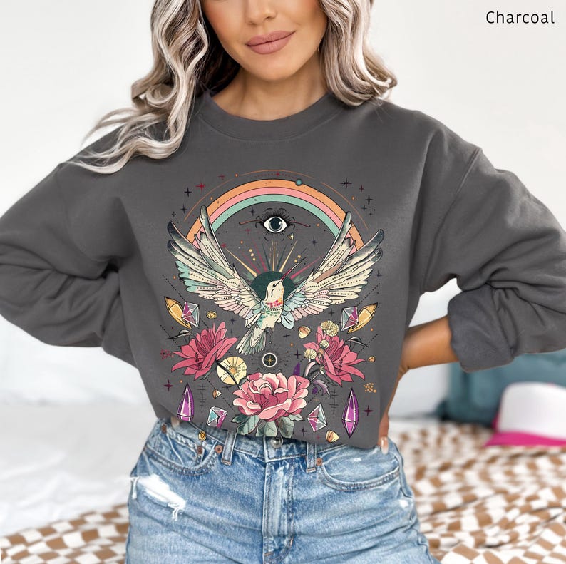 Mystical Sweatshirt Witchy Spiritual Sweater Boho Floral Hummingbird Shirt Evil Eye Rainbow Rose Flowers Crystal Whimsical Hippie Pullover Charcoal