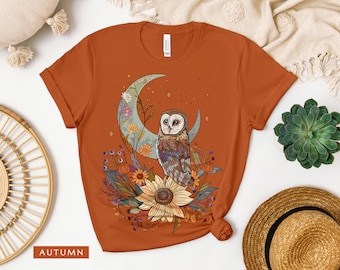 Luna Owl Vintage T-shirt, Bohemian Cottagecore Owl, Boho Celestial Floral Tee, Mystical Moon, Forestcore Aesthetic Bird lover Gifts for her