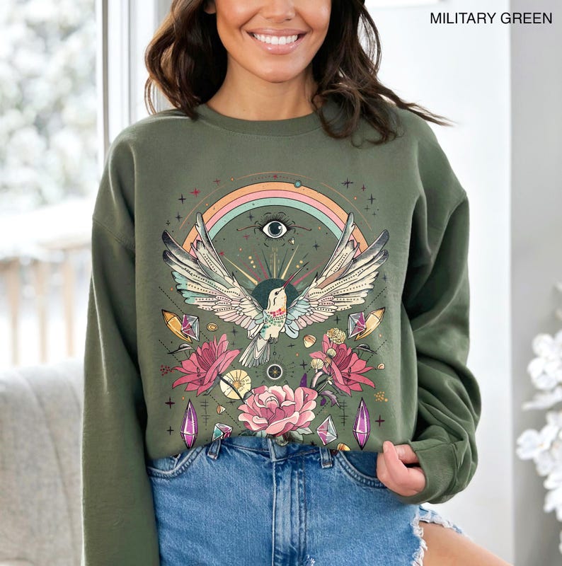 Mystical Sweatshirt Witchy Spiritual Sweater Boho Floral Hummingbird Shirt Evil Eye Rainbow Rose Flowers Crystal Whimsical Hippie Pullover Military Green