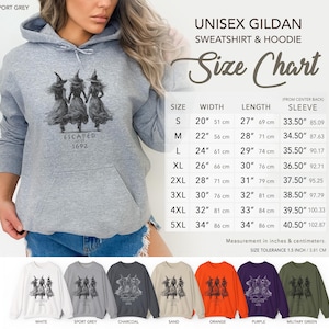 May include: A sport grey hooded sweatshirt featuring a graphic of three witches holding hands with the text ESCAPED SINCE 1692. A size chart is displayed to the right, listing widths, lengths, and sleeve measurements in inches and centimeters.