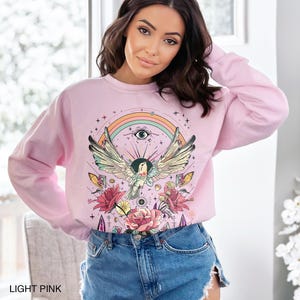 Mystical Sweatshirt Witchy Spiritual Sweater Boho Floral Hummingbird Shirt Evil Eye Rainbow Rose Flowers Crystal Whimsical Hippie Pullover Light Pink