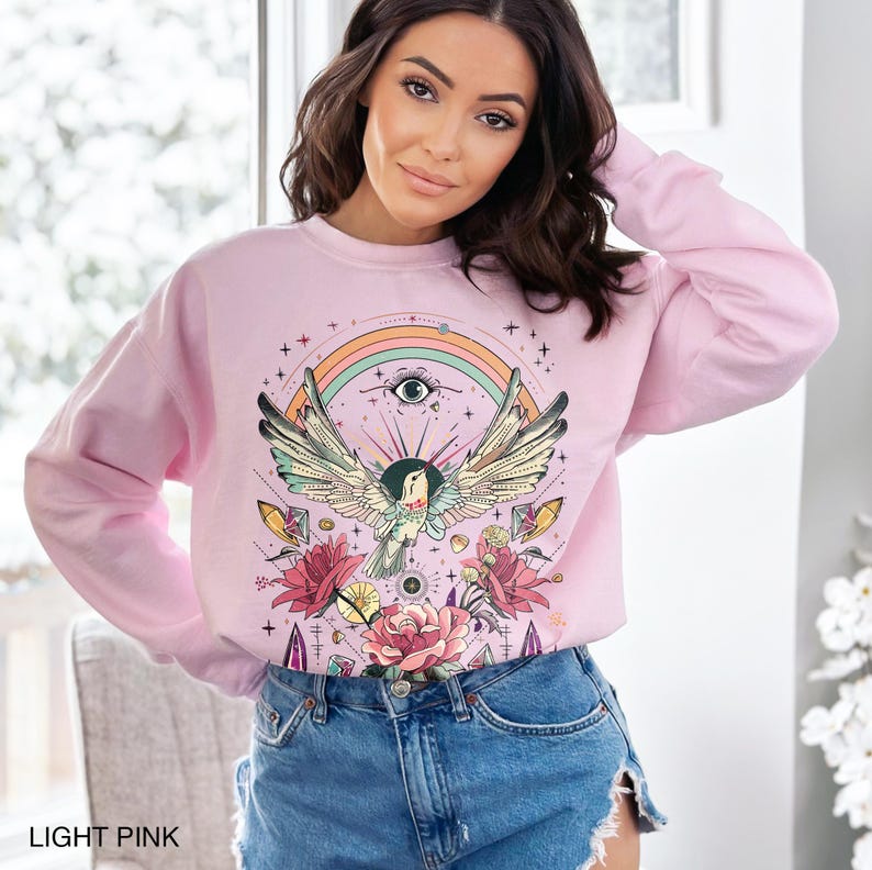Mystical Sweatshirt Witchy Spiritual Sweater Boho Floral Hummingbird Shirt Evil Eye Rainbow Rose Flowers Crystal Whimsical Hippie Pullover Light Pink