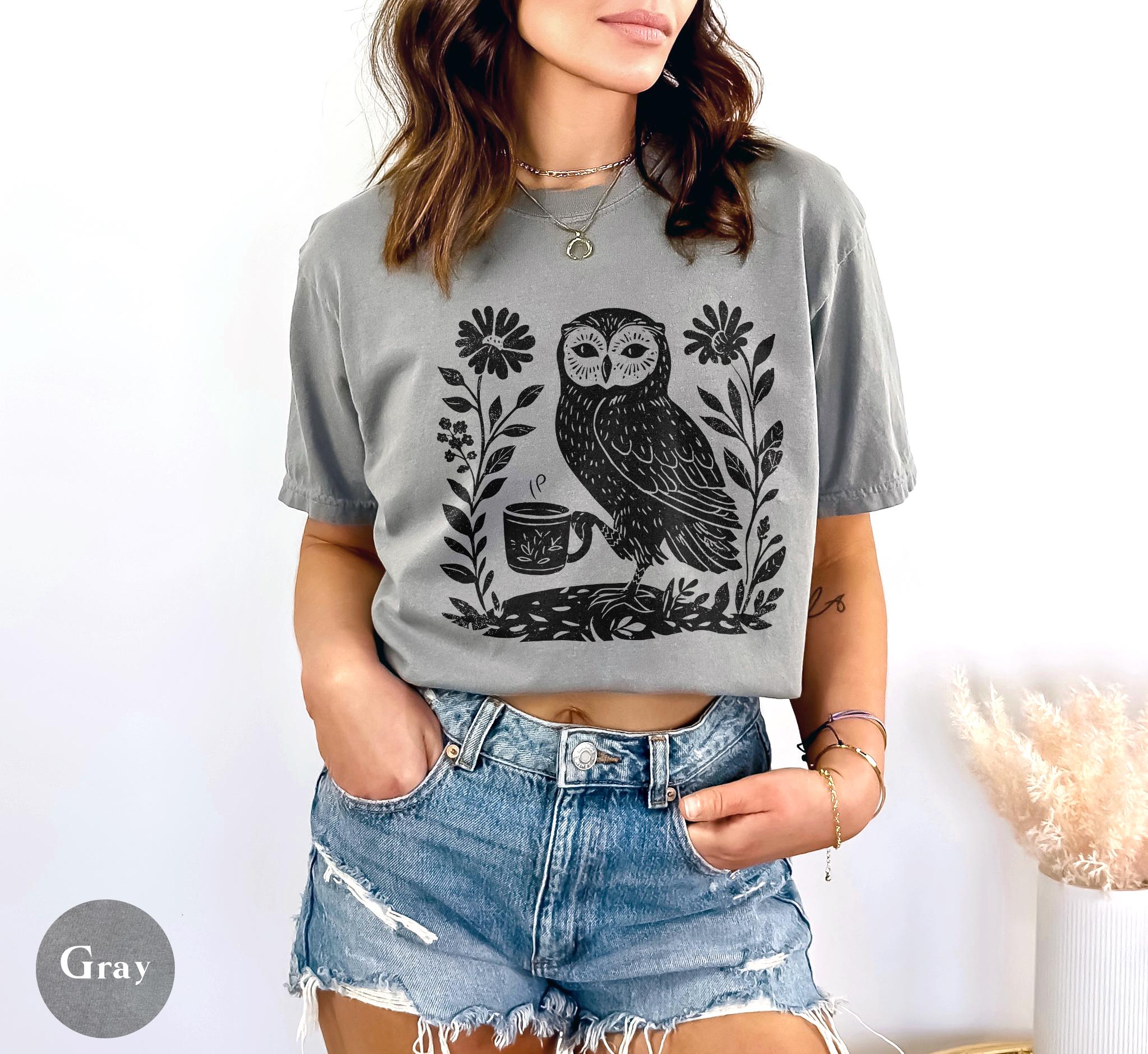 Owl Coffee Shirt Vintage Linocut Bird Coffee Lovers Gift, Cottagecore Owl Meme Tee Funny Folk Art Ba