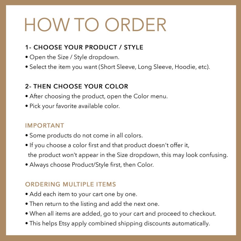 May include: A tan-colored graphic with the text "HOW TO ORDER" at the top. Instructions detail how to choose a product style, color, and how to order multiple items. The text is in a simple, easy-to-read font.