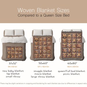 May include: A comparison of woven blanket sizes, showing a 37x52 inch, 50x60 inch, and 60x80 inch blanket on a queen-sized bed. The blankets are all patterned with owls and have fringe edges. The text "Woven Blanket Sizes Compared to a Queen Size Bed" is at the top of the image.