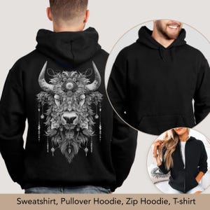 Bison Sweatshirt Buffalo Hoodie Back Print Sweater Spirit Animal T-shirt, Mystical Indigenous Shamanic Shirt Men's Zip Hoodie Jacket Man