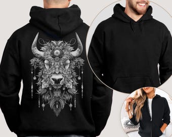 Bison Sweatshirt Buffalo Hoodie Back Print Sweater Spirit Animal T-shirt, Mystical Indigenous Shamanic Shirt Men's Zip Hoodie Jacket Man
