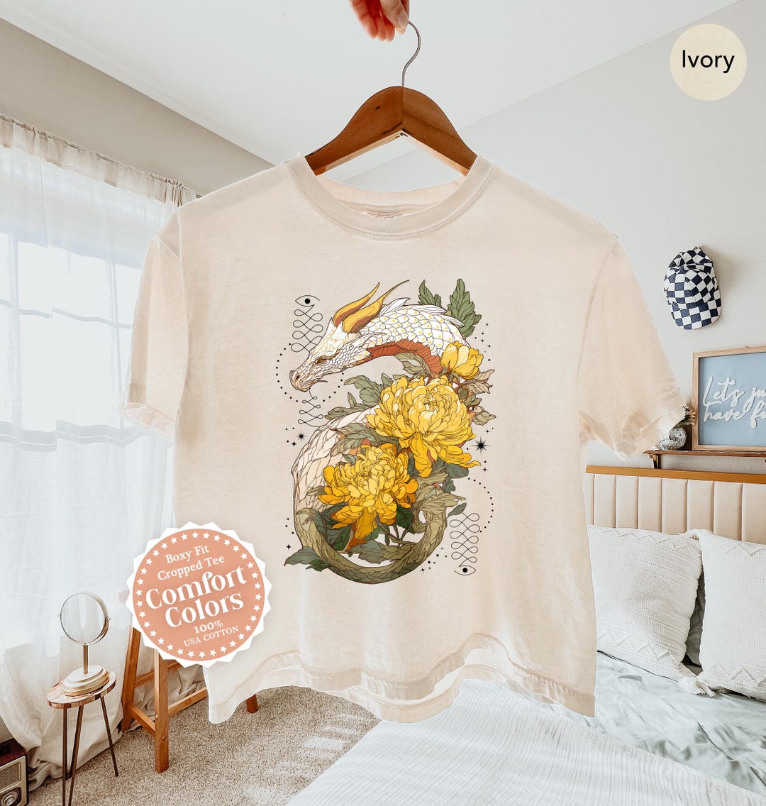 Dragon Flower Crop Shirt, Fantasy Witchy Crop Top, Mystical White