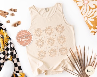 Sun Tank Top Comfort Colors Boho Celestial Sun Pattern Tanks Aesthetic Witchy Women’s Summer Tops Sunny Days Beach Tanktop Sunshine Shirt
