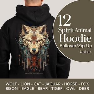Op de afbeelding: Zwarte hoodie met een gedetailleerd wolfsontwerp, oranje ogen en turquoise accenten. De hoodie toont de tekst "12 Spirit Animal Hoodie" en een lijst met dieropties. De tekst "My Spirit Animal, A Reflection of My True Essence" is ook zichtbaar.