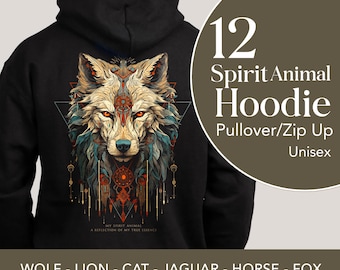 Spirit Animal Zip Hoodie: Eule, Adler, Wolf, Fuchs, Jaguar, Pferd, Hirsch, Löwe, Bär, Tiger, Bison, Katze | Shamanic spirituelle Kapuzen-Sweatshirt
