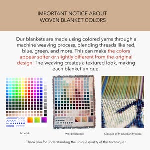 May include: A woven blanket with a color chart showing the different colors available. The image also shows a close-up of the weaving process. "IMPORTANT NOTICE ABOUT WOVEN BLANKET COLORS" and "Thank you for understanding the unique quality of this technique!" are written in the image.