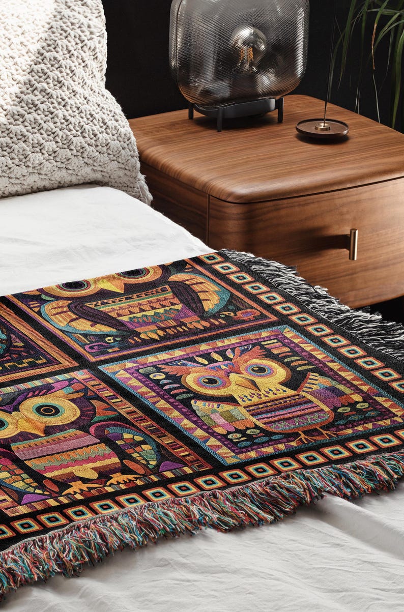 May include: A colorful throw blanket with a geometric pattern featuring owls. The blanket has a black background with colorful geometric shapes and owls in a repeating pattern. The blanket has fringe on all sides.