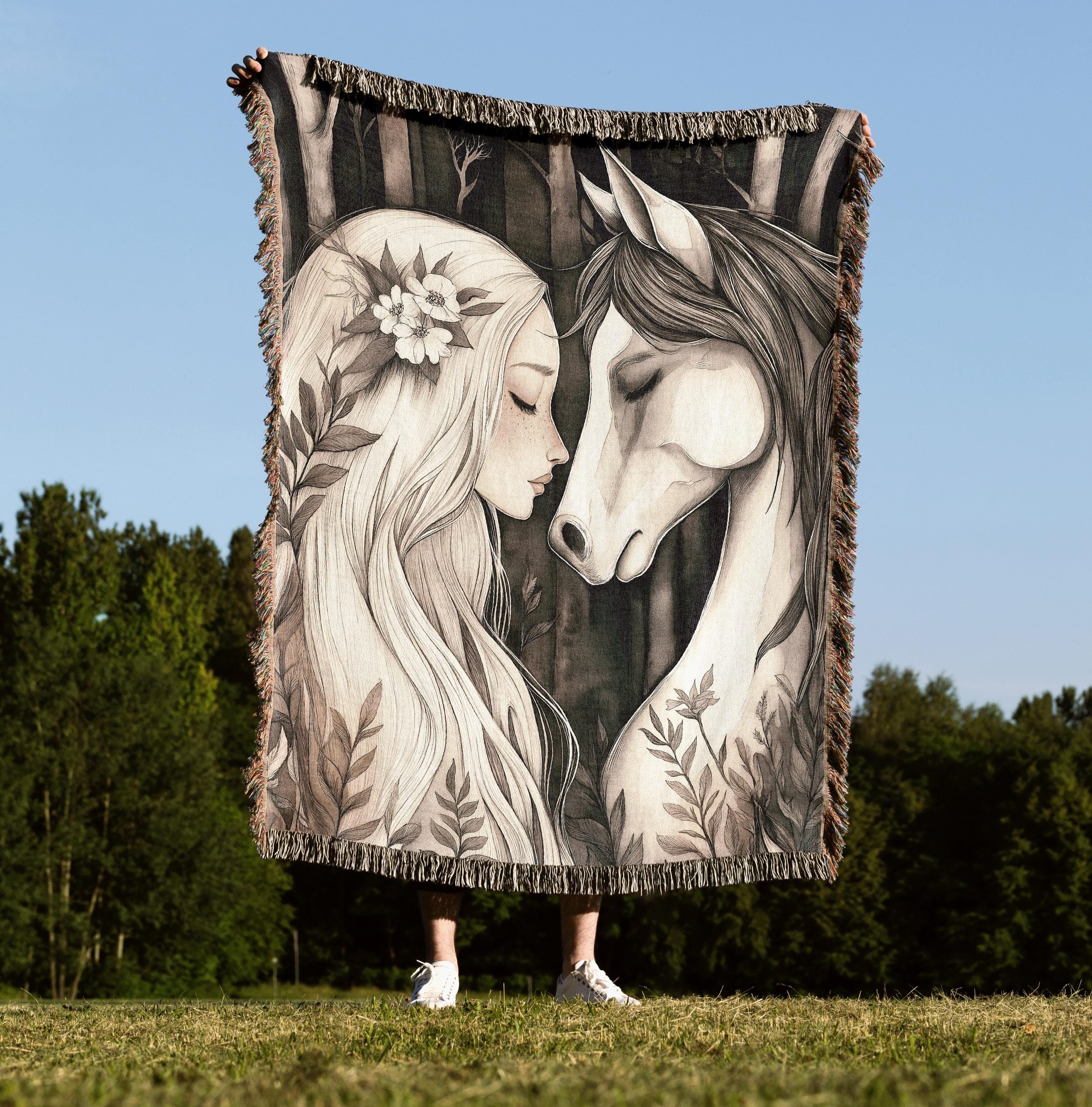 horse blanket research ジャガード　ジャカード　グレー Horse Blanket, Woven Throw Jacuard Fringe Tapestry, Girl Horse Bed
