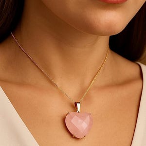 Rose Quartz Heart Pendant Necklace: Gold Tone Crystal Healing