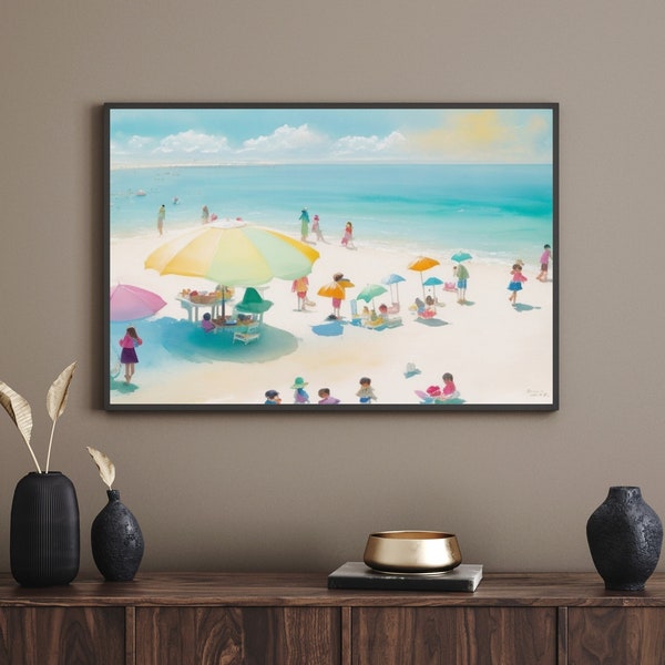 Pastel Beach Print/Retro Coastal Wall Art/Ocean Wave Watercolor/Surf Print/Beach Print/Coastal Decor/Ocean Art/Beach Wall Art/Beach Umbrella