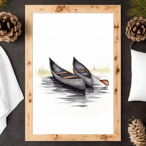 Canoës au bord de la rive - vintage, Best-seller, Impression aquarelle, Lake Life, Canoe Art, Kayak Art Print, River Fishing Art, Aquarelle Canoe Art