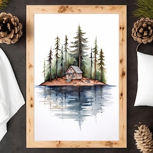 Log Cabin on Northern Lake - Watercolor Cabin, Cabin Print, Neutral Colors, Earth Tones, Minnesota Artist, Lake House Print, Cabin Decor