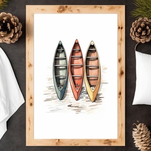 Colorful Canoes by the Shore - Colorful Canoes, Watercolor Print, Canoe Art, Kayak Art Print, River Fishing Art, Watercolor Canoe Art