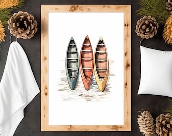 Colorful Canoes by the Shore - Colorful Canoes, Watercolor Print, Canoe Art, Kayak Art Print, River Fishing Art, Watercolor Canoe Art
