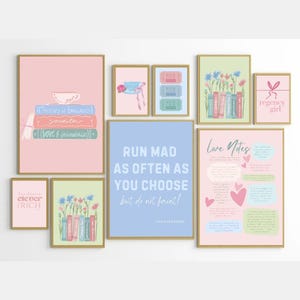 Jane Austen Wall Art Set Book Lover Printable Regency Quote Art Bookish 12 Prints Library Pastel Art and Quote Wall Prints- DIGITAL DOWNLOAD