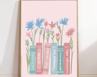 Jane Austen Books Print: Floral Botanical Wall Art (Digital Download)