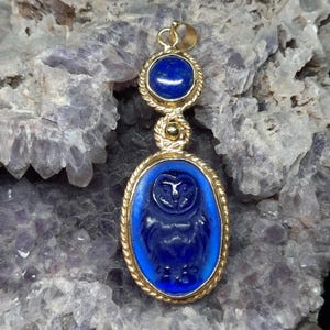 Intaglio Glass Owl Pendant with Lapis, Glass Art Intaglio Silver Pendant, Ancient Art Vintage Charm 24K Gold Over