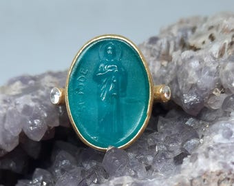 Intaglio Glass Saint Jude Ring ,Glass Art Intaglio Silver Ring ,Ancient Greek Art Vintage 24K Gold Over