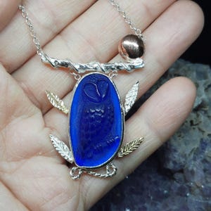 Intaglio Glass Owl Pendant , Glass Art Intaglio Silver Pendant, Ancient Art Vintage Charm 24K Gold Over