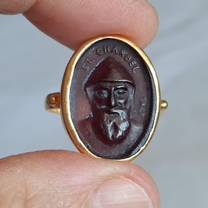 Intaglio Glass  Saint Charbel  Ring , Glass Art Intaglio Silver Ring ,Ancient Greek  Art Vintage 24K Gold Over