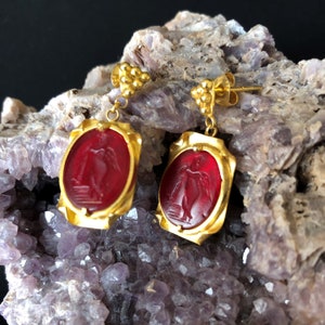 Intaglio Glass Earrings Eros Earring Glass Art Intaglio Silver Earring Ancient Greek Art Vintage 24K Gold Over