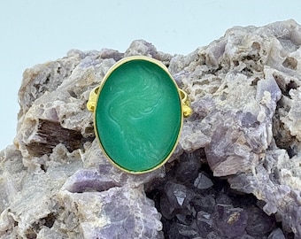 Intaglio Glass Phoenix Ring , Glass Art Intaglio Silver Ring ,Ancient Greek  Art Vintage 24K Gold Over