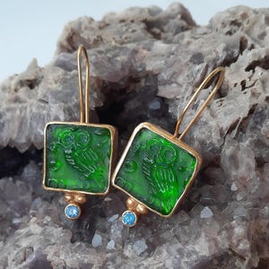 Intaglio Glass Antique Greek Mythology Green  Owl Earrings  Glass Art Intaglio Silver Earring Ancient Greek Art Vintage 24K Gold Over