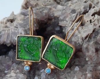 Intaglio Glass Antique Greek Mythology Green  Owl Earrings  Glass Art Intaglio Silver Earring Ancient Greek Art Vintage 24K Gold Over