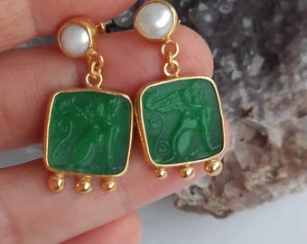 Ancient Greek Sphinx With Pearl Glass Art Intaglio Silver Earring Ancient Greek Art Vintage Charm 24K Gold Over