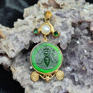 Intaglio Glass Pendant Greek Ephesus Bee Pendant Glass Art Intaglio Silver Pendant Ancient Greek  Art Vintage Charm 24K Gold Over