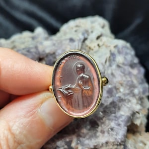 Intaglio Glass Saint Ignatius Ring ,Glass Art Intaglio Silver Ring ,Ancient Greek Art Vintage 24K Gold Over