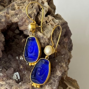 Egyptian Queen Cleopatra intaglio glass with Pearl  earrings  Ancient Egyptian  Art Vintage 24K Gold Over