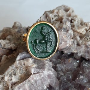 Intaglio Glass Antique Greek Mythology Centaur Ring ,Glass Art Intaglio Silver Ring ,Ancient Greek Art Vintage 24K Gold Over